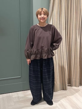 「studio CLIP（スタディオクリップ）のコクーンベイカーチェックパンツ[プチ・プラスサイズあり]（その他パンツ、グレー系）」を使った、しーさんさん（レディース・147cm）の秋コーディネート