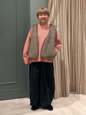 「studio CLIP（スタディオクリップ）のコーデュロイプリントパンツ[プチ・プラスサイズあり]（その他パンツ、グレー系）」を使った、しーさんさん（レディース・147cm）の秋コーディネート