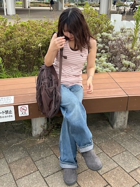 「アイテム（バックパック/リュック、ブラウン系）」を使った、E R Uさん（レディース・157cm）の夏コーディネート