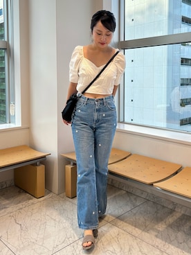 「FREAK'S STORE（フリークスストア）のWrangler×FREAK'S STORE/ラングラー 別注FLARE JEAN DENIM/別注フレアジーンデニム（デニムパンツ、ブルー系）」を使った、E R Uさん（レディース・157cm）の夏コーディネート
