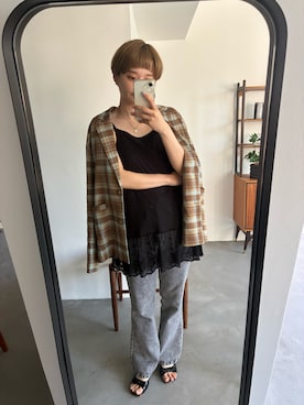 「PILIT（ピリット）の裾レース チュニックキャミソール（キャミソール、ブラック系）」を使った、yuminaさん（レディース・158cm）の春コーディネート
