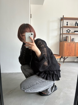 「PILIT（ピリット）のクロシェ風レースパーカー（パーカー、ブラック系）」を使った、yuminaさん（レディース・158cm）の春コーディネート