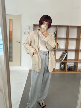 「PILIT（ピリット）のリネンテーラードジャケット（テーラードジャケット、ホワイト系）」を使った、yuminaさん（レディース・158cm）の春コーディネート
