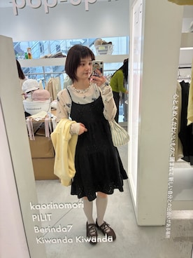 「PILIT（ピリット）のカットレース ティアードキャミワンピース（ワンピース、ブラック系）」を使った、yuminaさん（レディース・158cm）の春コーディネート