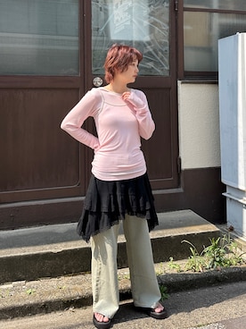 「PILIT（ピリット）のレイヤードキャミset ロンtee（Tシャツ/カットソー、ピンク系）」を使った、yuminaさん（レディース・158cm）の春コーディネート