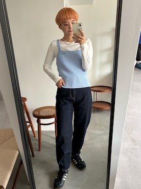「PILIT（ピリット）のスクエア リブニットキャミソール（キャミソール、ブルー系）」を使った、yuminaさん（レディース・158cm）の春コーディネート