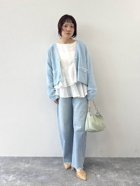 「A part by（アパートバイ）のツイードVカーディガン（カーディガン/ボレロ、ブルー系）」を使った、kahoさん（レディース・156cm）の春コーディネート