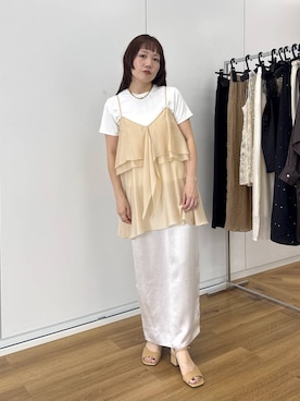 「A part by（アパートバイ）のフリルレイヤードキャミソール（キャミソール、ベージュ系）」を使った、kahoさん（レディース・156cm）の夏コーディネート