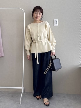 「A part by（アパートバイ）の【WEB限定】2WAYペプラムニットカーディガン（カーディガン/ボレロ、ホワイト系）」を使った、kahoさん（レディース・156cm）の春コーディネート