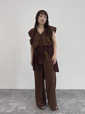 「A part by（アパートバイ）の【Sサイズ展開】バルーンソデサロペット（サロペット/オーバーオール、ブラウン系）」を使った、kahoさん（レディース・156cm）の夏コーディネート
