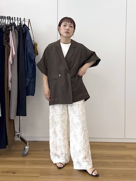 「A part by（アパートバイ）のアセテートリネン半袖ジャケット（テーラードジャケット、ブラウン系）」を使った、kahoさん（レディース・156cm）の春コーディネート