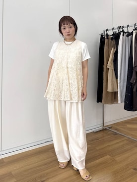 「A part by（アパートバイ）の【セットアップ可能】レースフレアブラウスノースリーブ（シャツ/ブラウス、ホワイト系）」を使った、kahoさん（レディース・156cm）の夏コーディネート