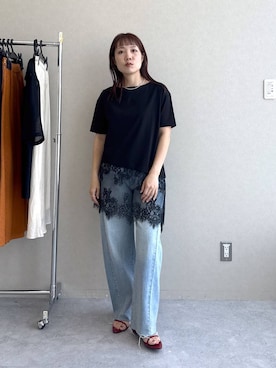 「A part by（アパートバイ）のApbカーブデニムパンツ（デニムパンツ、ブルー系）」を使った、kahoさん（レディース・156cm）の夏コーディネート