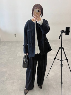 「A part by（アパートバイ）のスラックスコクーンボリュームパンツ（スラックス、ブラック系）」を使った、kahoさん（レディース・156cm）の冬コーディネート