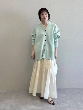 「A part by（アパートバイ）のお気に入り1.8万人超え！スウェットライクスポンジニットBIGカーディガン≪追加7≫（カーディガン/ボレロ、グリーン系）」を使った、kahoさん（レディース・156cm）の春コーディネート