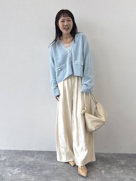「A part by（アパートバイ）のツイードVカーディガン（カーディガン/ボレロ、ブルー系）」を使った、kahoさん（レディース・156cm）の春コーディネート