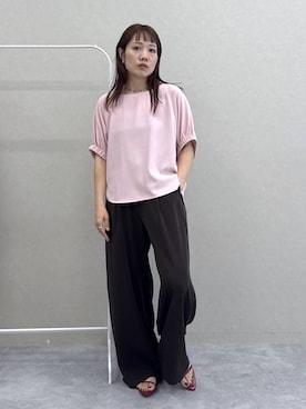 「A part by（アパートバイ）の【WEB限定】ギャザーパフスリーブプルオーバー（シャツ/ブラウス、ピンク系）」を使った、kahoさん（レディース・156cm）の夏コーディネート