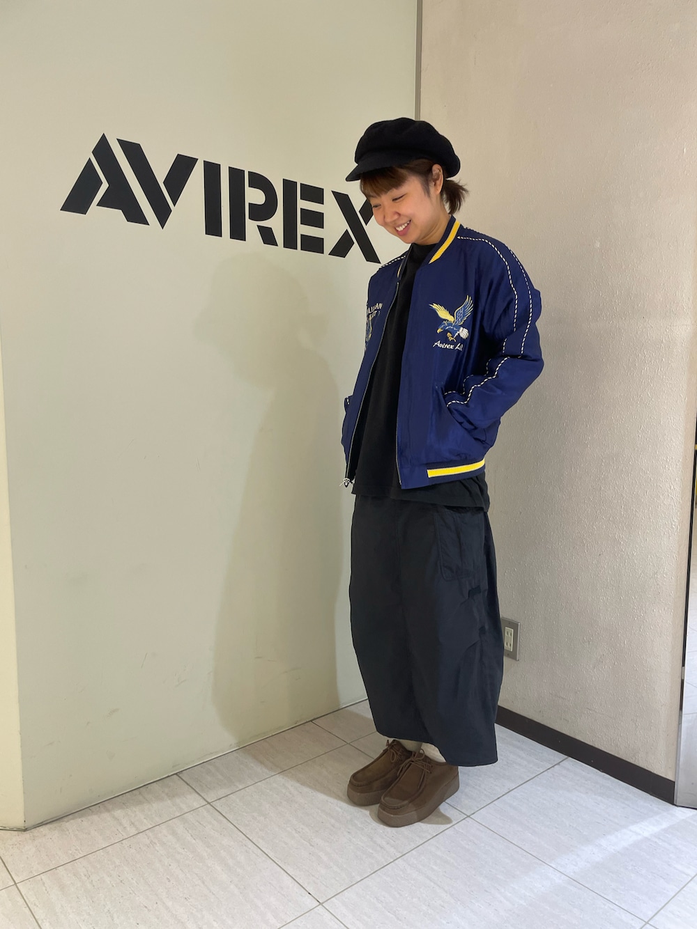「AVIREX、ロングスカート、春、ootd、春コーデ、楽チンコーデ、カジュアルコーデ、AVIREXBelle、相互フォロー、ファッションの力を信じよう」｜「TAILOR TOYOの《AVIREX × TAILOR TOYO》SUKA JACKET BLUE ANGELS / アヴィレックス × テイラー東洋 スカジャケット ブルーエンジェルス（スカジャン、ブルー系）」を使った、Risaさん（レディース・163cm）の春コーディネートの1枚目の写真