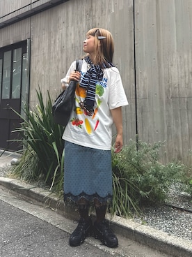 「CIAOPANIC（チャオパニック）のモチーフコレクションTee（Tシャツ/カットソー、ホワイト系）」を使った、ゆ な ま る。 さん（レディース・151cm）の夏コーディネート
