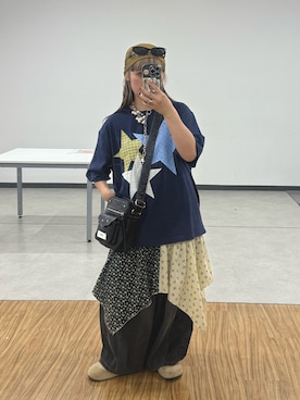 「CIAOPANIC（チャオパニック）のスターパッチワークTee（Tシャツ/カットソー、ブルー系）」を使った、ゆ な ま る。 さん（レディース・151cm）の夏コーディネート