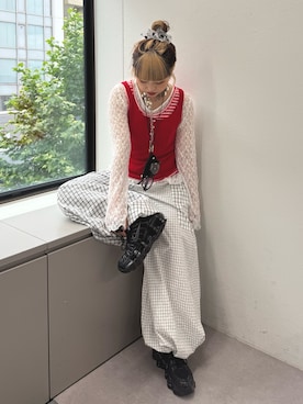 「CIAOPANIC（チャオパニック）の【2点SET】ローズボタンボーダーレイヤードタンク（キャミソール、レッド系）」を使った、ゆ な ま る。 さん（レディース・151cm）の夏コーディネート