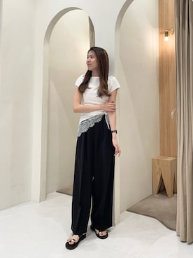 「CAPRICIEUX LE'MAGE（カプリシューレマージュ）の1ポイントボートネックT（Tシャツ/カットソー、ホワイト系）」を使った、mori_lemageさん（レディース・167cm）の夏コーディネート