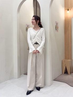 「CAPRICIEUX LE'MAGE（カプリシューレマージュ）のフロントギャザーニット（ニット/セーター、ホワイト系）」を使った、mori_lemageさん（レディース・167cm）の春コーディネート