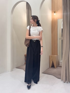 「CAPRICIEUX LE'MAGE（カプリシューレマージュ）の1ポイントボートネックT（Tシャツ/カットソー、ホワイト系）」を使った、mori_lemageさん（レディース・167cm）の春コーディネート