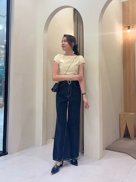 「CAPRICIEUX LE'MAGE（カプリシューレマージュ）の1ポイントボートネックT（Tシャツ/カットソー、イエロー系）」を使った、mori_lemageさん（レディース・167cm）の春コーディネート