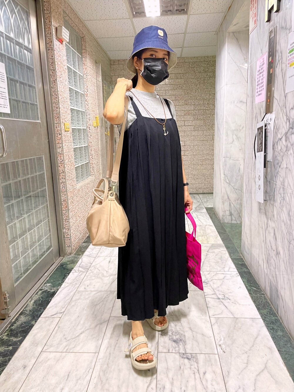 「ootd、夏、chihhootd、連身裙、低身長コーデ、看展穿搭」｜「LONGCHAMPの【LONGCHAMP】 ロンシャン LE PLIAGE NEO ハンドバッグS　1512（ハンドバッグ、ベージュ系）」を使った、Chihho(⑉･̆༥･̆⑉)さん（レディース・155cm）の夏コーディネートの1枚目の写真