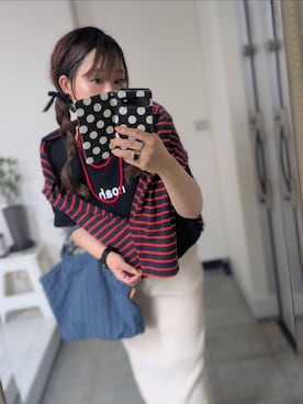 「Mila Owen（ミラオーウェン）のボートネックオーバーサイズボーダープルオーバー（Tシャツ/カットソー、オレンジ系）」を使った、nさん（レディース・157cm）の夏コーディネート
