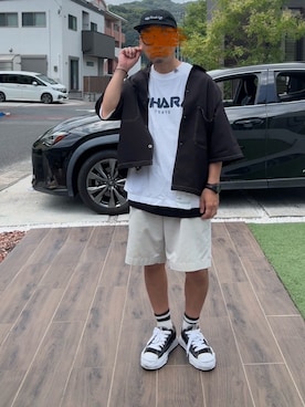 「Starting Over（スターティングオーバー）のoversize stitching shirt/オーバーサイズ ステッチング シャツ/ストレッチ レギュラーカラー半袖シャツ（シャツ/ブラウス、ブラック系）」を使った、☆m(@s@)shi★さん（メンズ・168cm）の夏コーディネート