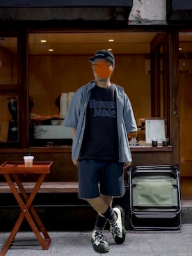 「Starting Over（スターティングオーバー）のブロードビッグレギュラー半袖シャツ/レディース メンズ（シャツ/ブラウス、ブルー系）」を使った、☆m(@s@)shi★さん（メンズ・168cm）の夏コーディネート