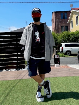 「niko and...（ニコアンド）のイージーケア柄ショートスリーブシャツ（シャツ/ブラウス、グレー系）」を使った、☆m(@s@)shi★さん（メンズ・168cm）の夏コーディネート
