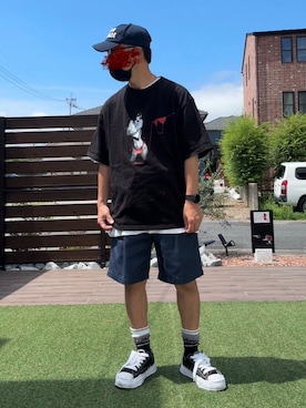 「Dickies（ディッキーズ）のDickies/ディッキーズ ソフトTCツイルワークョーツ（その他パンツ、ブルー系）」を使った、☆m(@s@)shi★さん（メンズ・168cm）の夏コーディネート