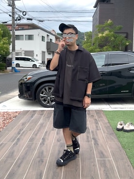 「Starting Over（スターティングオーバー）のoversize stitching shirt/オーバーサイズ ステッチング シャツ/ストレッチ レギュラーカラー半袖シャツ（シャツ/ブラウス、ブラック系）」を使った、☆m(@s@)shi★さん（メンズ・168cm）の夏コーディネート