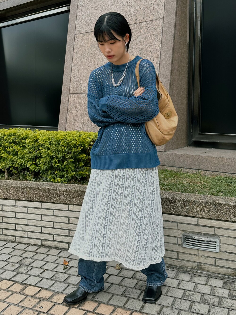 「大人コーデ、UNIQLO、COACH、vintage、outfit、outfitoftheday、台灣」｜「vis-`a-visの【WEB限定】メッシュ編みニットプルオーバー（ニット/セーター、ブルー系）」を使った、KellyLeeさん（レディース・166cm）の春コーディネートの1枚目の写真