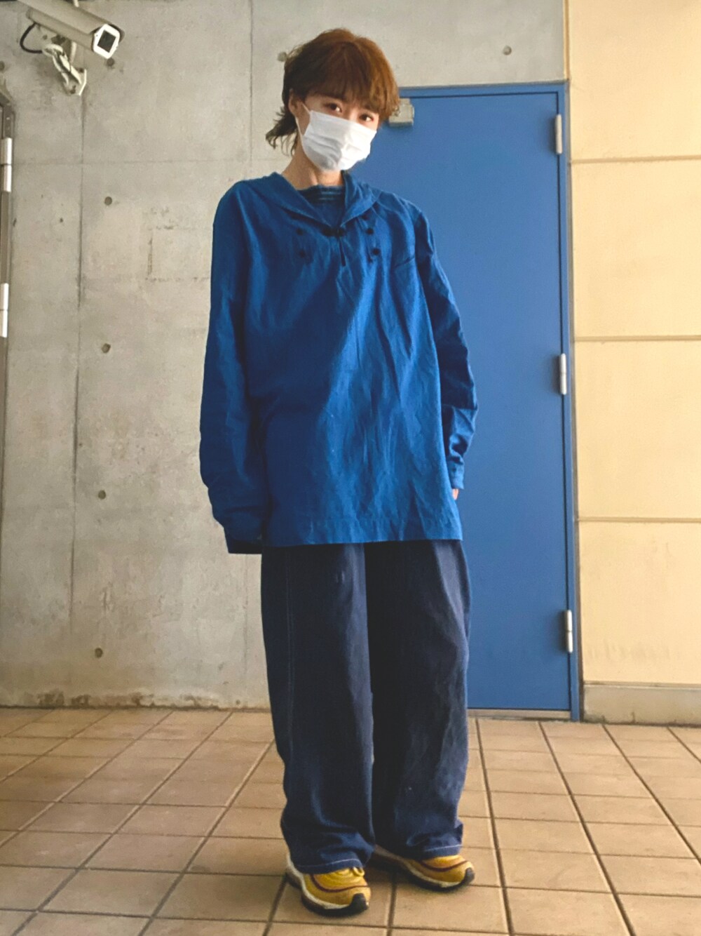 「ranch craft、yos yo、セーラー襟、セーラーカラー、セーラー、ダボダボコーデ、スニーカー、ジーンズ、古着、AIR MAX」｜「Yos yoのアイテム（トップス、ブルー系）」を使った、ちばゆきさん（レディース・158cm）の秋コーディネートの1枚目の写真