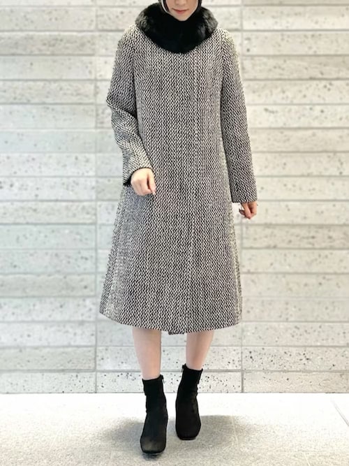 HANA MORI ノーカラーツイードコート・フードベスト付　40サイズ HANA MORI ノーカラーツイードコート・フードベスト付 40サイズ