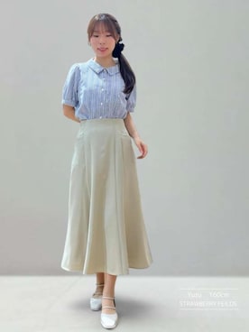 「STRAWBERRY-FIELDS（ストロベリーフィールズ）のキャンディストライプ_ストライプパフスリーブブラウス（シャツ/ブラウス、ブルー系）」を使った、STRAWBERRY-FIELDSさん（レディース・165cm）の春コーディネート