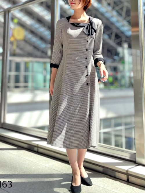 セール】Linonシャンブレー/ウーリー千鳥_サイドリボンネック