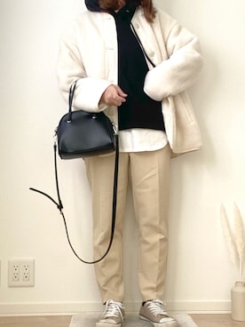 「GU（ジーユー）のアイテム（ノーカラージャケット）」を使った、みゆきちさん（レディース・161cm）の冬コーディネート