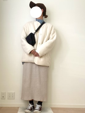 「GU（ジーユー）のアイテム（ノーカラージャケット）」を使った、みゆきちさん（レディース・161cm）の冬コーディネート