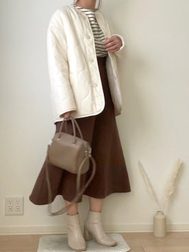 「GU（ジーユー）のアイテム（ノーカラージャケット）」を使った、みゆきちさん（レディース・161cm）の冬コーディネート