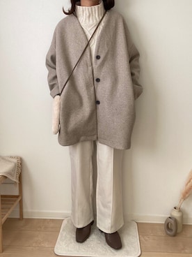「ANGIE（アンジー）のアイテム（ノーカラーコート）」を使った、みゆきちさん（レディース・161cm）の冬コーディネート
