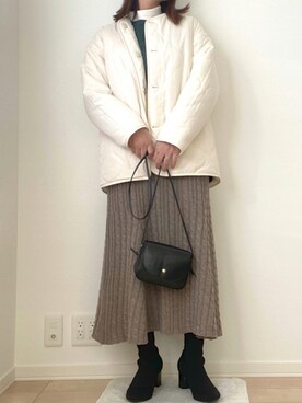 「ケーブルニット」｜「アイテム（ノーカラージャケット）」を使った、みゆきちさん（レディース・161cm）の冬コーディネート