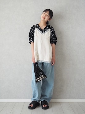 「GU（ジーユー）のアイテム（シャツ/ブラウス、ブラック系）」を使った、teiccoさん（キッズ・157cm）の夏コーディネート