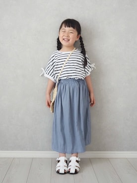 「ikka（イッカ）の【親子おそろい】袖リボンボーダードルマンプルオーバー（120~160cm）（Tシャツ/カットソー）」を使った、teiccoさん（キッズ・152cm・10代）の夏コーディネート