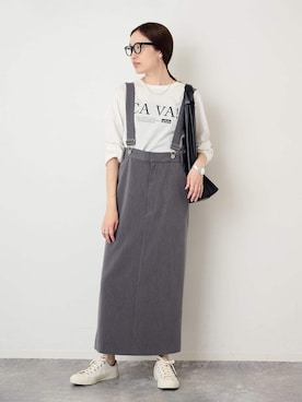 「SLOBE IENA（スローブイエナ）のジャンパースカート（スカート、グレー系）」を使った、Sallyさん（レディース・162cm）の夏コーディネート