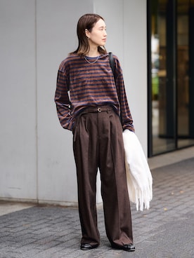 「SLOBE IENA（スローブイエナ）の《WEBのみ4サイズ展開》ツィード ベルテット2タックストレートパンツ（スラックス、ブラウン系）」を使った、Sallyさん（レディース・162cm）の秋コーディネート